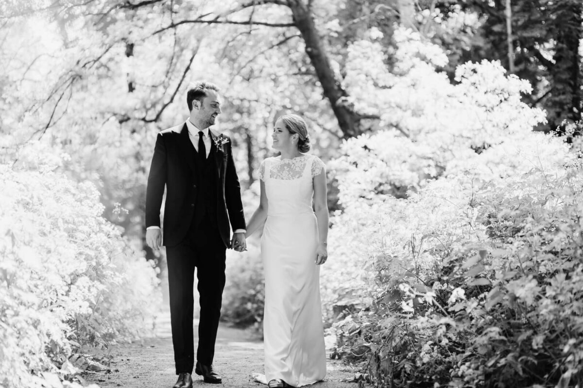 bride and groom smiling at Orleans house gallery wedding Twickenham