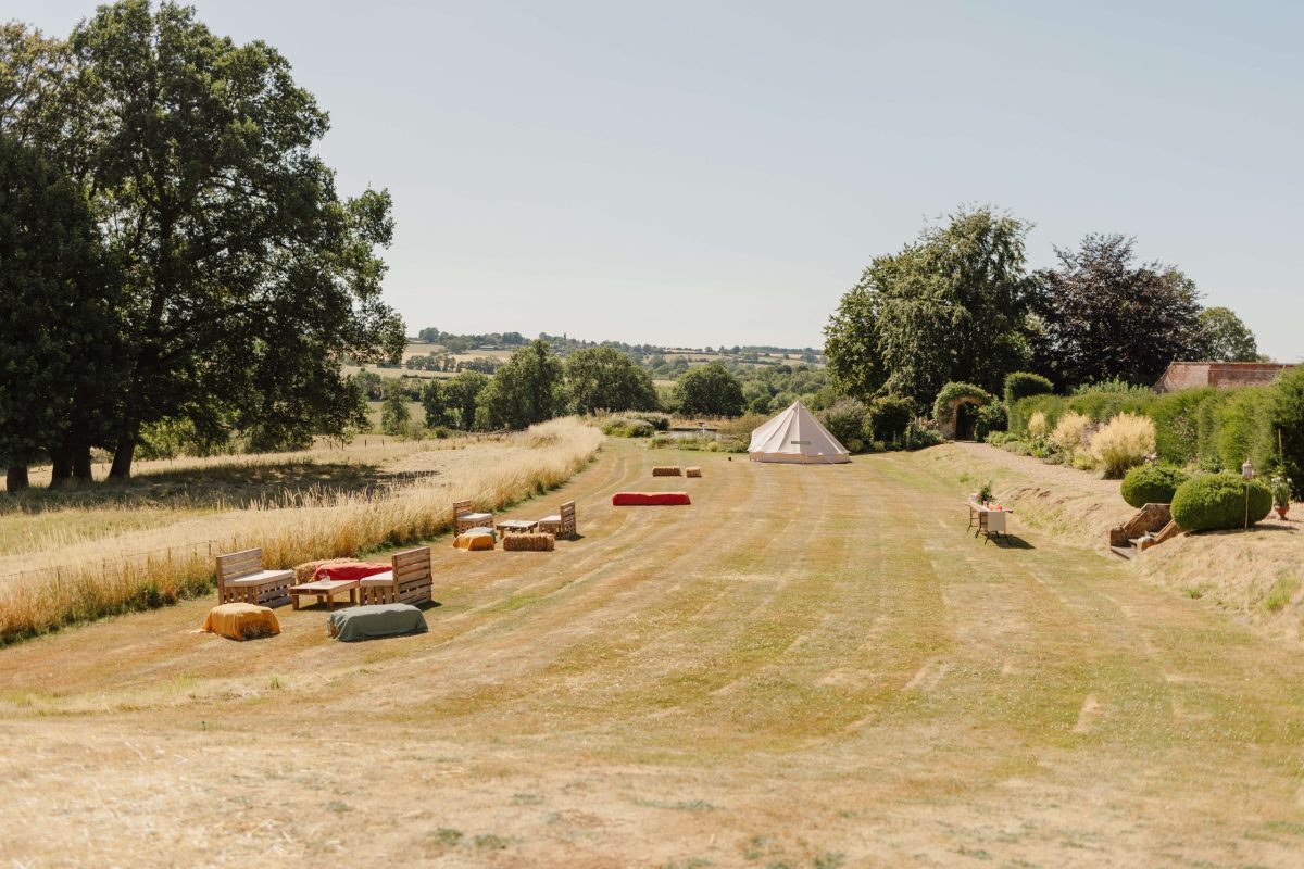 view of wedding reception at Williamscot House in Oxfordshire
